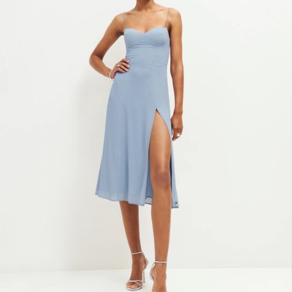 Reformation Blue Strapless Sweetheart Midi Dress with Slit